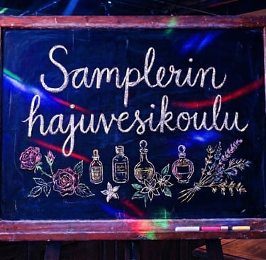 "Samplerin hajuvesikoulu" liitutaululle kirjoitettuna, taustalla yökerho valoineen