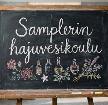 "Samplerin hajuvesikoulu" liitutaululle kirjoitettuna, taustalla moderni kylpyhuone