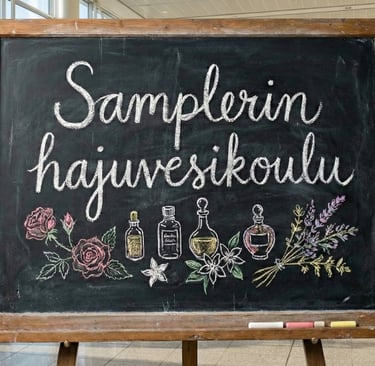 "Samplerin hajuvesikoulu" liitutaululle kirjoitettuna, taustalla lentokentän odotustila
