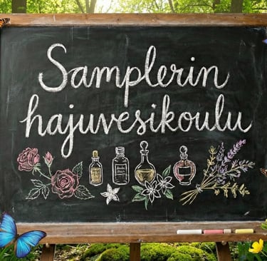 "Samplerin hajuvesikoulu" liitutaululle kirjoitettuna, taustalla aurinkoinen metsämaisema, jossa sammalta, perhosia ja kukkia