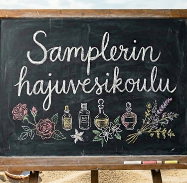 "Samplerin hajuvesikoulu" liitutaululle kirjoitettuna, taustalla ranta ja valtameri