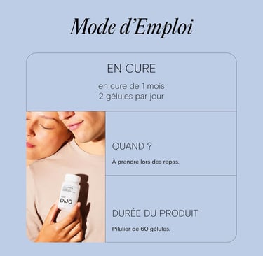 visage d'un homme et d'une femme, l'homme tenant un complément alimentaire anti-stress