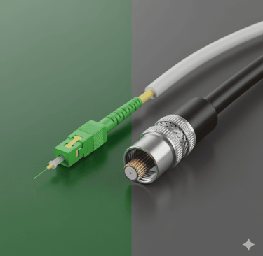 a fiber optic cable and a coaxial copper cable