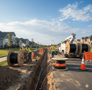 Construction Workers Laying Fiber Optic Cables