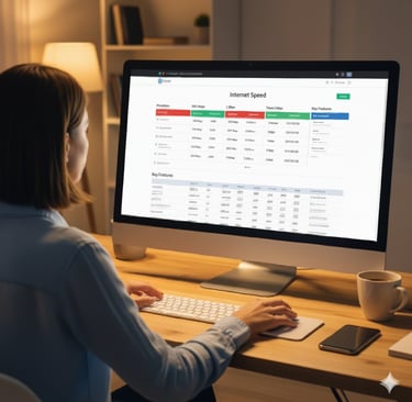 A woman using a computer to compare internet speeds and choose the right internet speed.