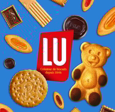 présentation packaging logo LU sur fond bleu