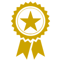 Gold award ribbon icon with a star symbol on a black background for achievement.