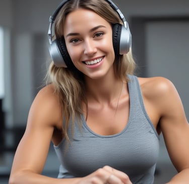 Athletic woman wearing a professional gaming headset with microphone and grey tank top.