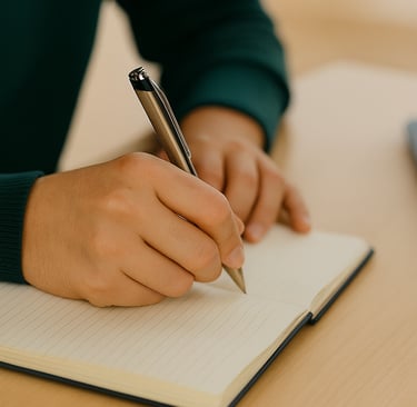 a person holding a pen and writing on a notebook