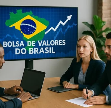 Investidor estrangeiro analisando gráficos da B3 no notebook, ambiente corporativo, foco em mercado