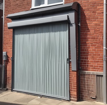 Two closed industrial roller shutter doors are mounted on a weathered, corrugated metal building. A notice sign is attached to the wall between the doors. The area shows signs of rust and aging, particularly on the lower part of the structure. The shadows cast indicate bright sunlight.