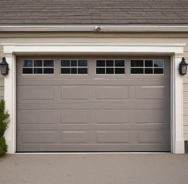 Two closed industrial roller shutter doors are mounted on a weathered, corrugated metal building. A notice sign is attached to the wall between the doors. The area shows signs of rust and aging, particularly on the lower part of the structure. The shadows cast indicate bright sunlight.