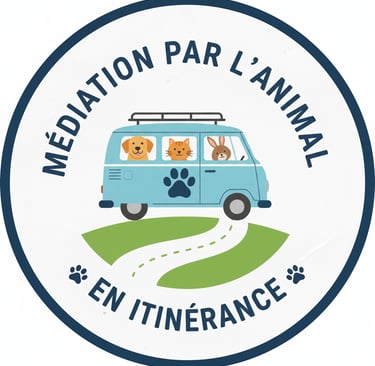 un van avec un chien, un chat, un lapin au milieu de la nature