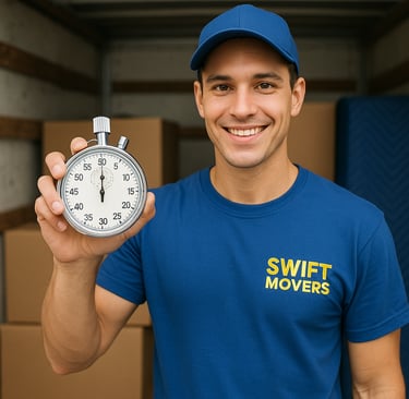 Swift Movers crew member in uniform holding a stopwatch, symbolizing fair and transparent billing ba