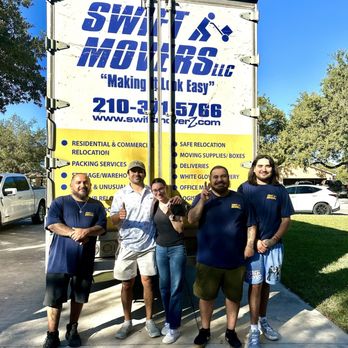 Happy customers with their Swift Movers crew – real photo next to a verified 5-star review showcasin