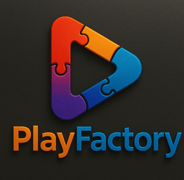a play factory logo with puzzle pieces of puzzle pieces