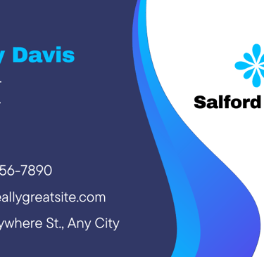 a business card with a blue and white business card