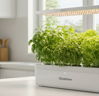 Click and Grow Smart Garden hydroponic herb system LED lights kitchen counter