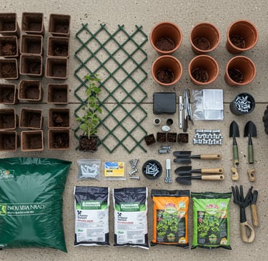 Vertical garden setup materials and tools layout