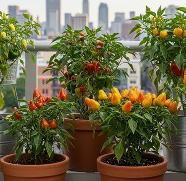 Container pepper plants on small balcony garden