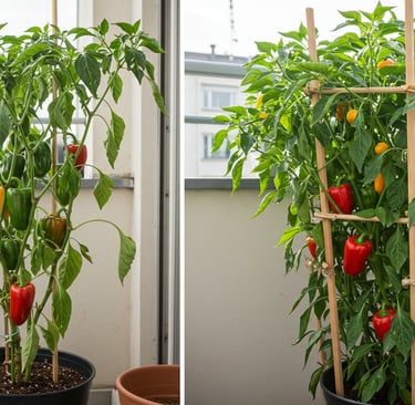 Staked pepper plants in containers