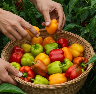 Harvesting peppers from container garden