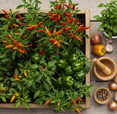 Small space pepper garden harvest