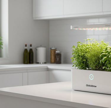 Click and Grow Smart Garden hydroponic herb system LED lights kitchen counter
