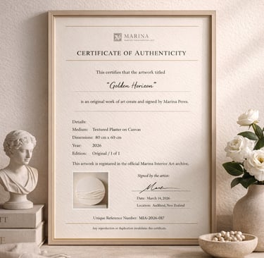 Framed Certificate of Authenticity for an original textured plaster artwork by Marina Interior Art, Auckland New Zealand