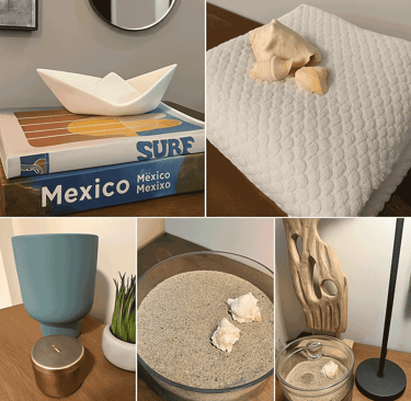 Detalles decorativos con temática costera, incluyendo conchas, arena y elementos naturales | KARÄNA