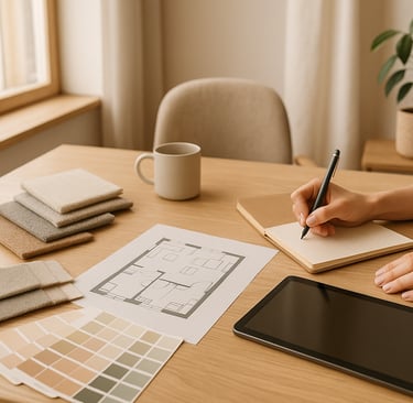Una persona sentada en una mesa con una tableta y una tabla de muestras.