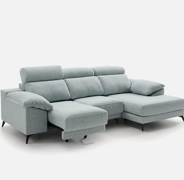 Sofa chaise longue azul con sistema carro deslizante apoyado en el suelo y cabezales reclinable