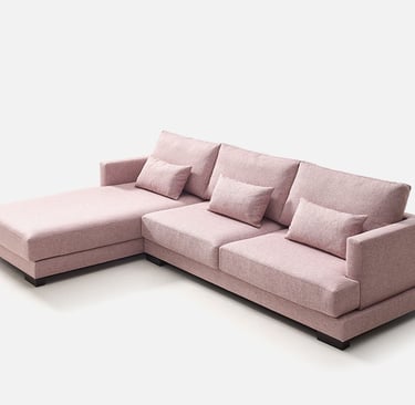 Sofá fijo rosa con chaise longue y diseño minimalista