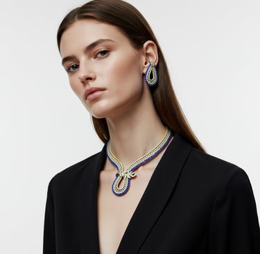 A model wearing a modern necklace set