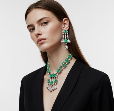 A model wearing an emerald and diamond necklace