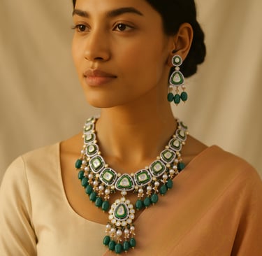A model wearing a polki necklace
