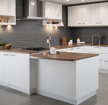 A collection of plumbing fittings and components is arranged on a surface. Notable items include a brass valve with a red handle, a couple of elbow joints, and a rolled-up white hose. In the background, a red and black ladder can be seen along with some metal poles against a concrete wall.