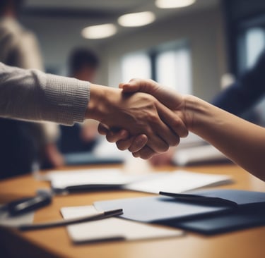 Two individuals in business attire are standing near glass doors with the phrase 'Invest Europe' etched on them. One person is holding a smartphone.