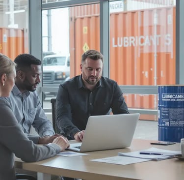 Lubricant manufacturer in UAE reviewing digital marketing strategy with export containers in backgro