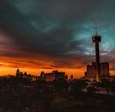 San Antonio sunset painting the Texas sky, with reflecting windows
