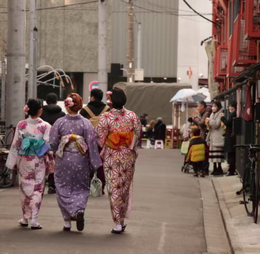 Girls wearing yukata walking in Asakusa, Tokyo