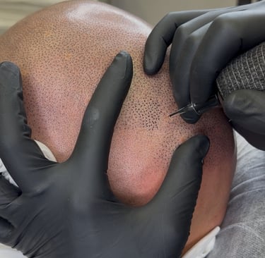 Proceso de micropigmentación capilar en Madrid creando efecto rapado hiperrealista