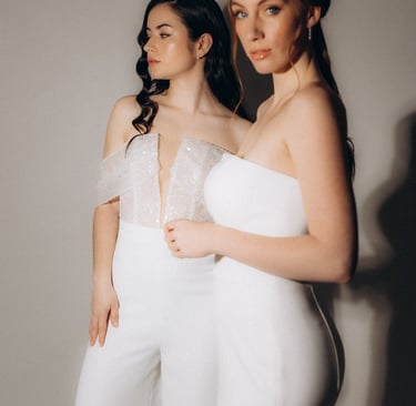two women in white dresses standing next to each other
