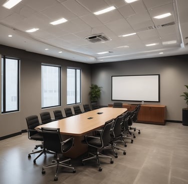 A modern office reception area with a polished floor and stylish wooden ceiling. The space features large windows offering a city view, contemporary seating arrangements, two reception desks with minimalist design, and a prominent accenture logo on an illuminated wall. There are also decorative elements such as potted plants and ambient lighting.