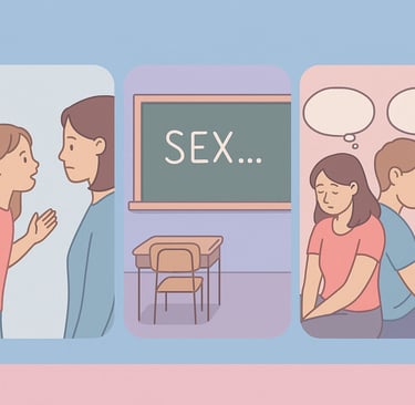 Niña intentando hablar con una persona adulta un aula vacía palabra sex en pizarron pareja sin habl