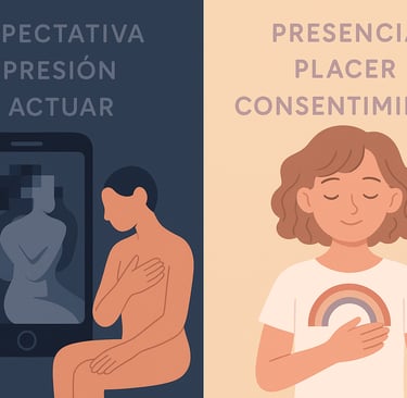 pantalla de celular con imagen pixelada figura humana sentada con ojos cerrados palabras flotantes