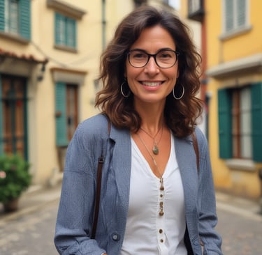 a woman with glasses and a necklace on her neck