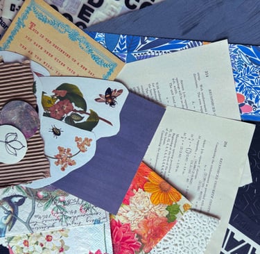 A collection of book pages, paper, doily, texture paper, inspirational quote, napkins, and transfer