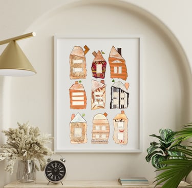 a picture of six whimiscal houses and a clock with plants on a desk