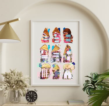 a picture of six whimiscal houses and a clock with plants on a desk
